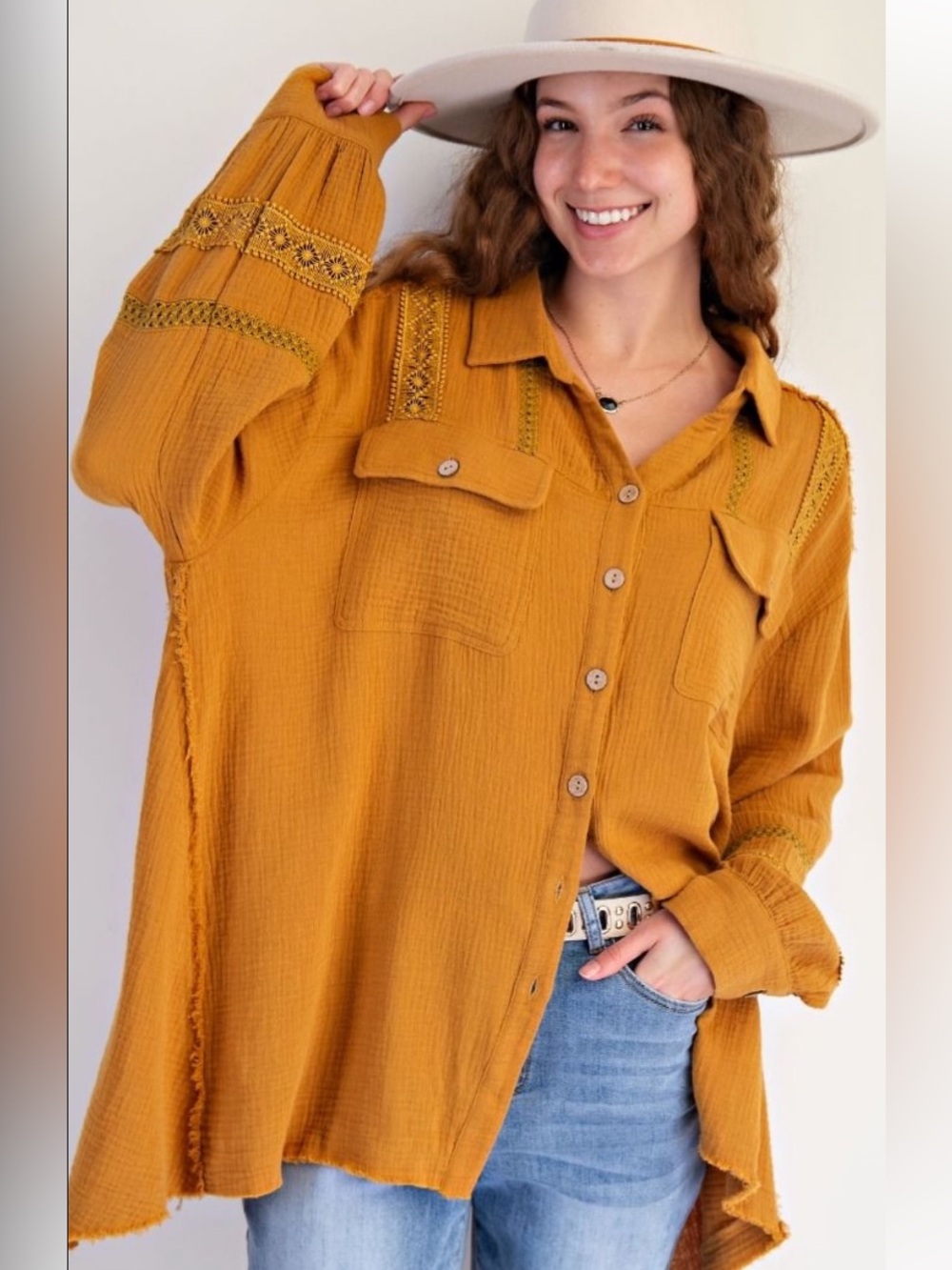 easel Mustard Embroidered Button-Front Shirt Jacket